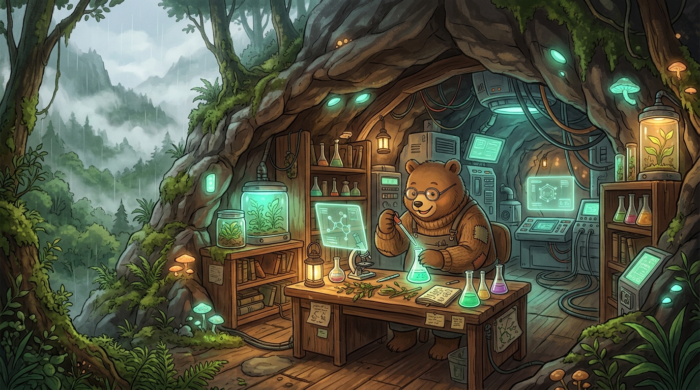 Mint Bear Lab - A bear scientist working in a cozy cave laboratory